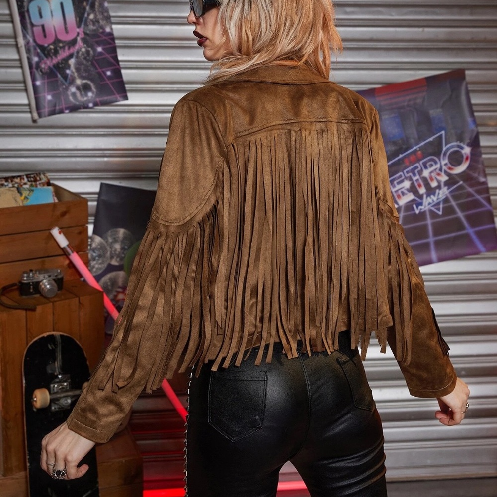 Luxe Vegan Suede Fringe Biker Jacket - Picture 7 of 9